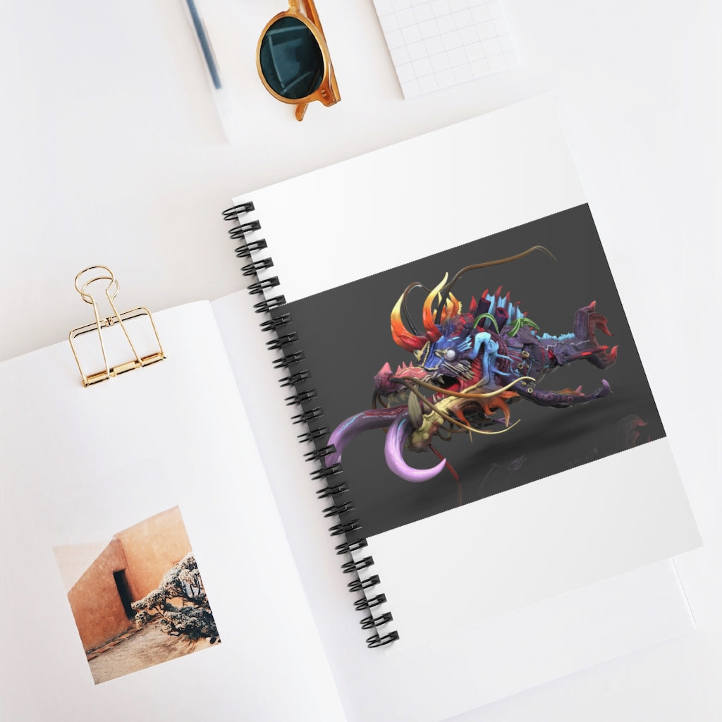 A stylish spiral notebook with ruled line pages, featuring a vibrant printed front cover and a sleek black back cover.