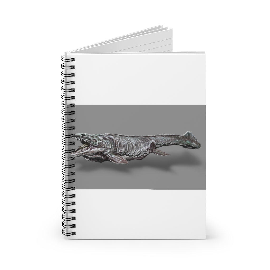 Spiral notebook with ruled line pages, featuring a colorful printed front cover and a sleek black back cover.