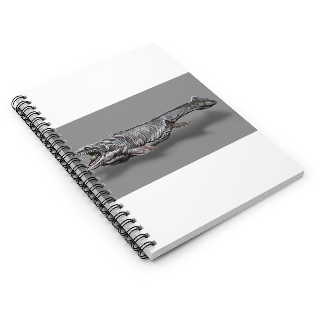 Spiral notebook with ruled line pages, featuring a colorful printed front cover and a sleek black back cover.