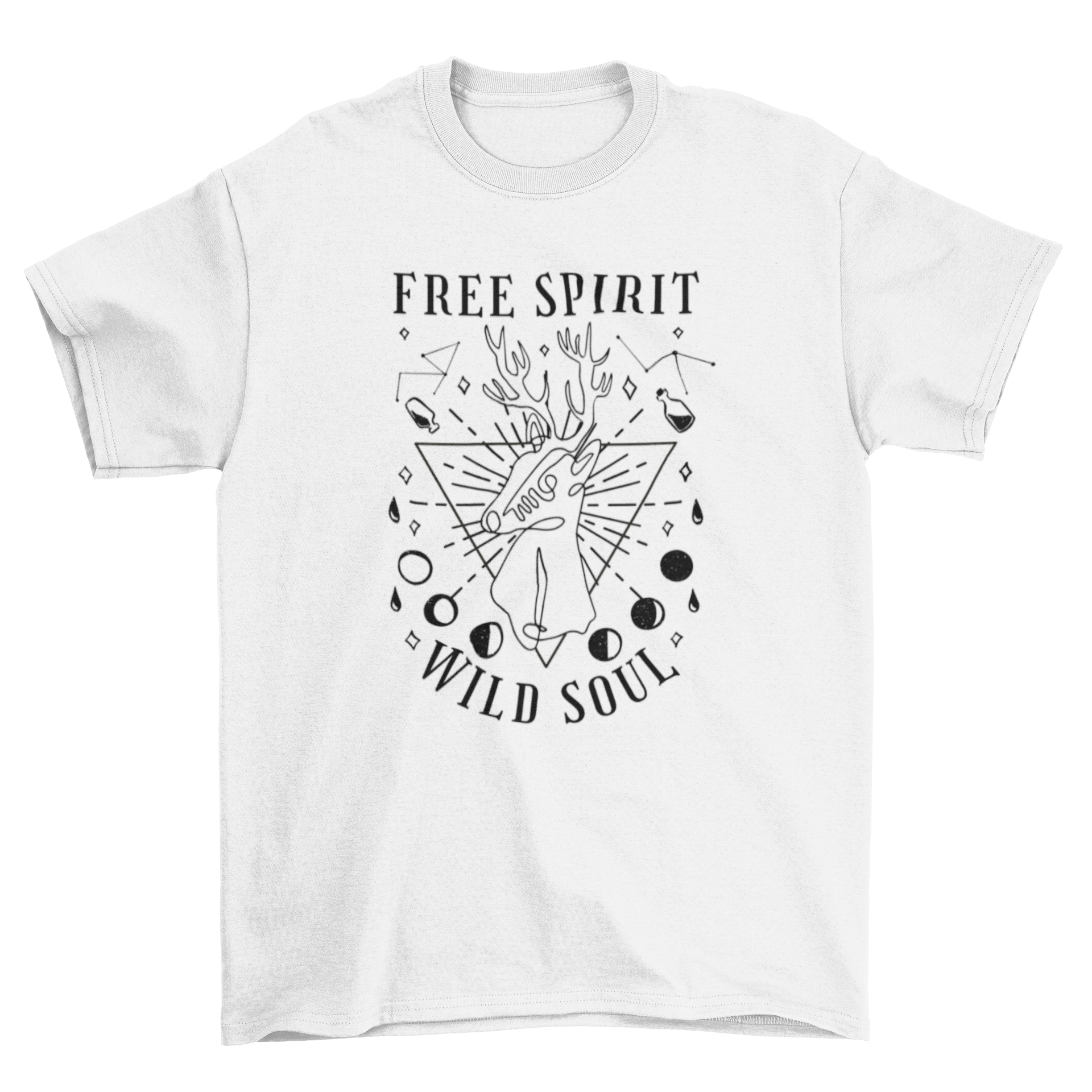 Spiritual deer t-shirt design featuring a deer with potios and moons, and the quote 'Free spirit, wild soul'.