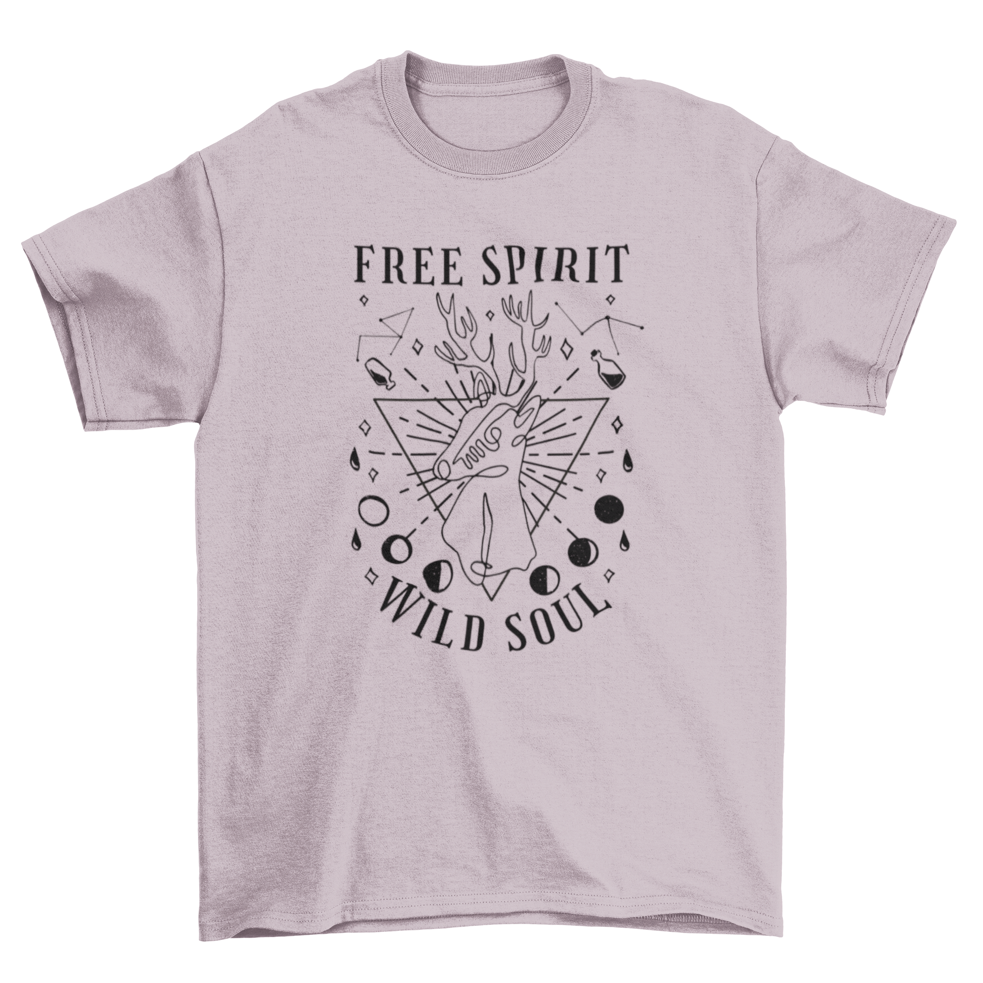 Spiritual deer t-shirt design featuring a deer with potios and moons, and the quote 'Free spirit, wild soul'.