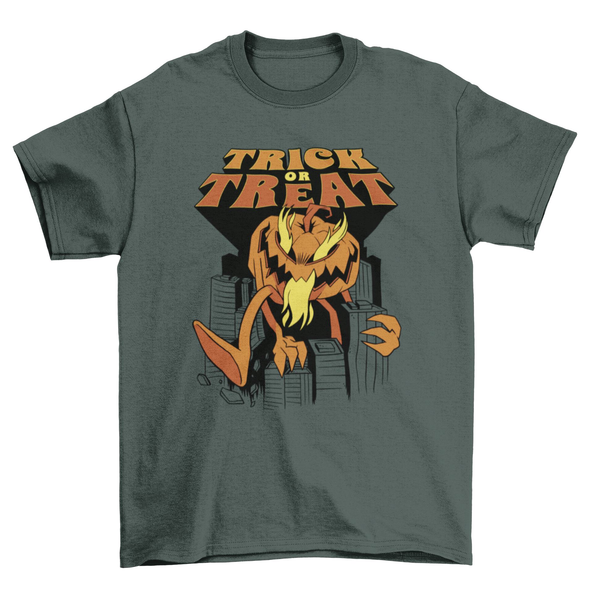 A spooky pumpkin monster attacking a city with the quote 'Trick or treat' on a Halloween-themed t-shirt.