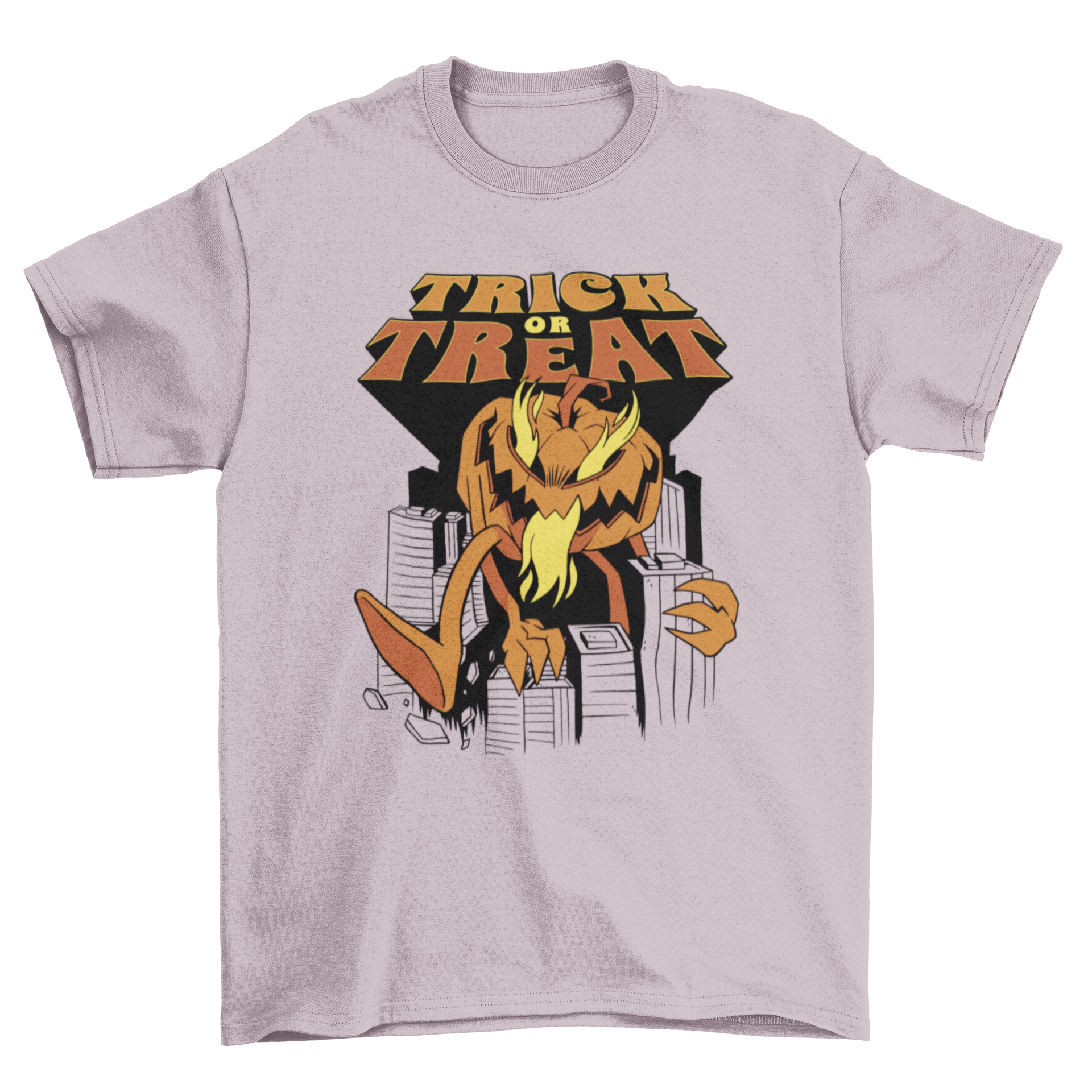 A spooky pumpkin monster attacking a city with the quote 'Trick or treat' on a Halloween-themed t-shirt.