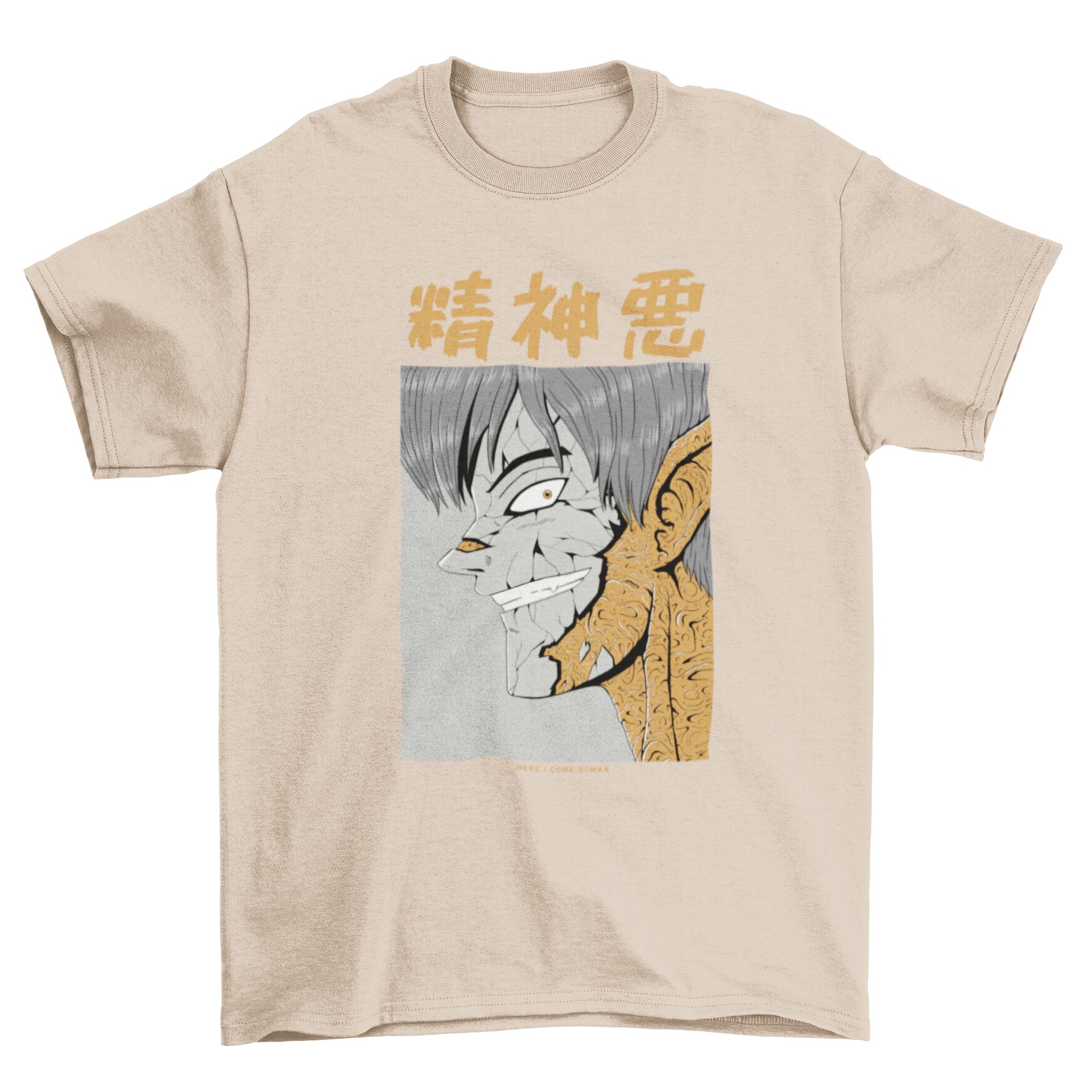 Spooky Epic T-shirt featuring a close-up of a cracked skin face with a Japanese quote translating to 'Evil spirit'.