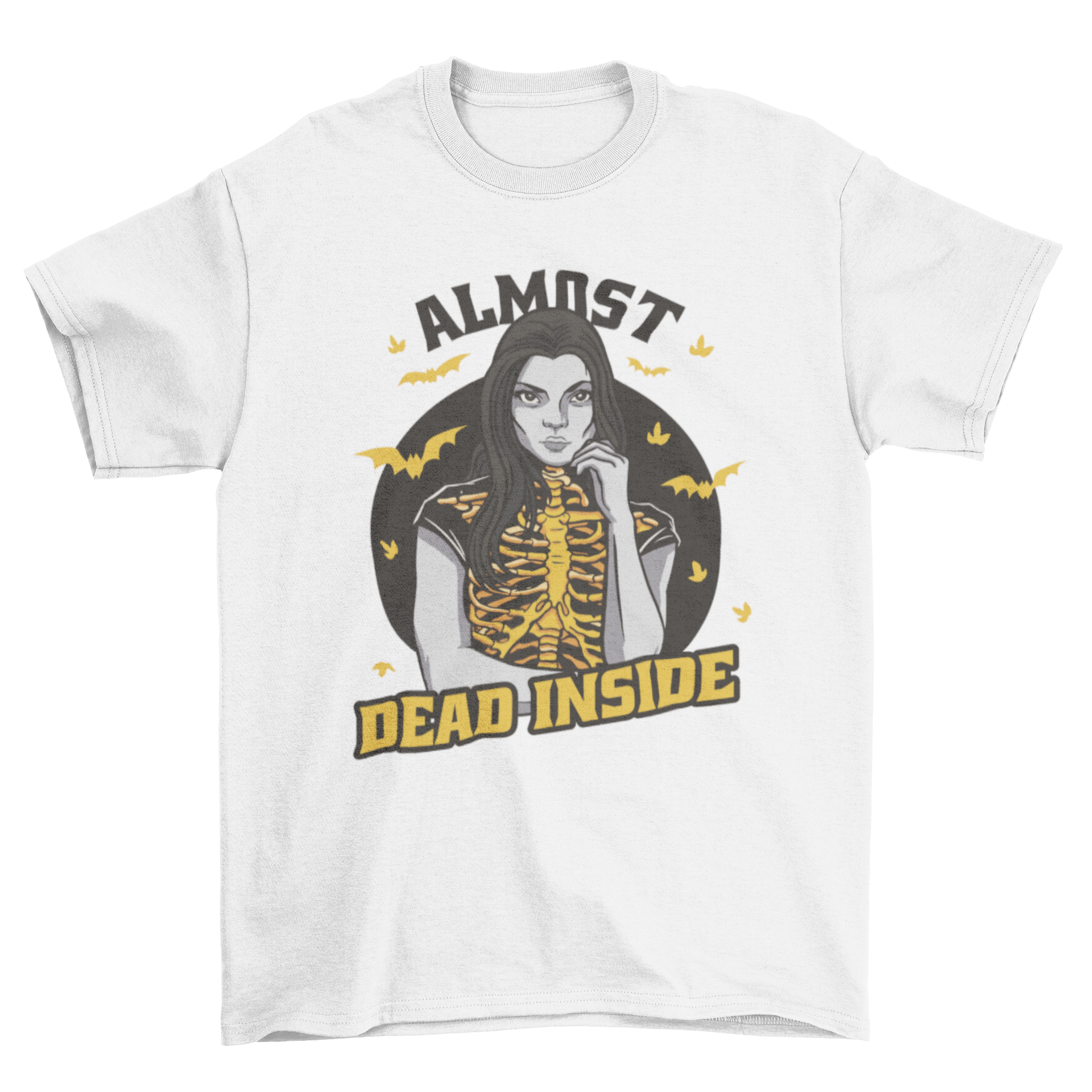 Spooky t-shirt featuring a skeleton woman surrounded by bats with the quote 'Almost dead inside'.