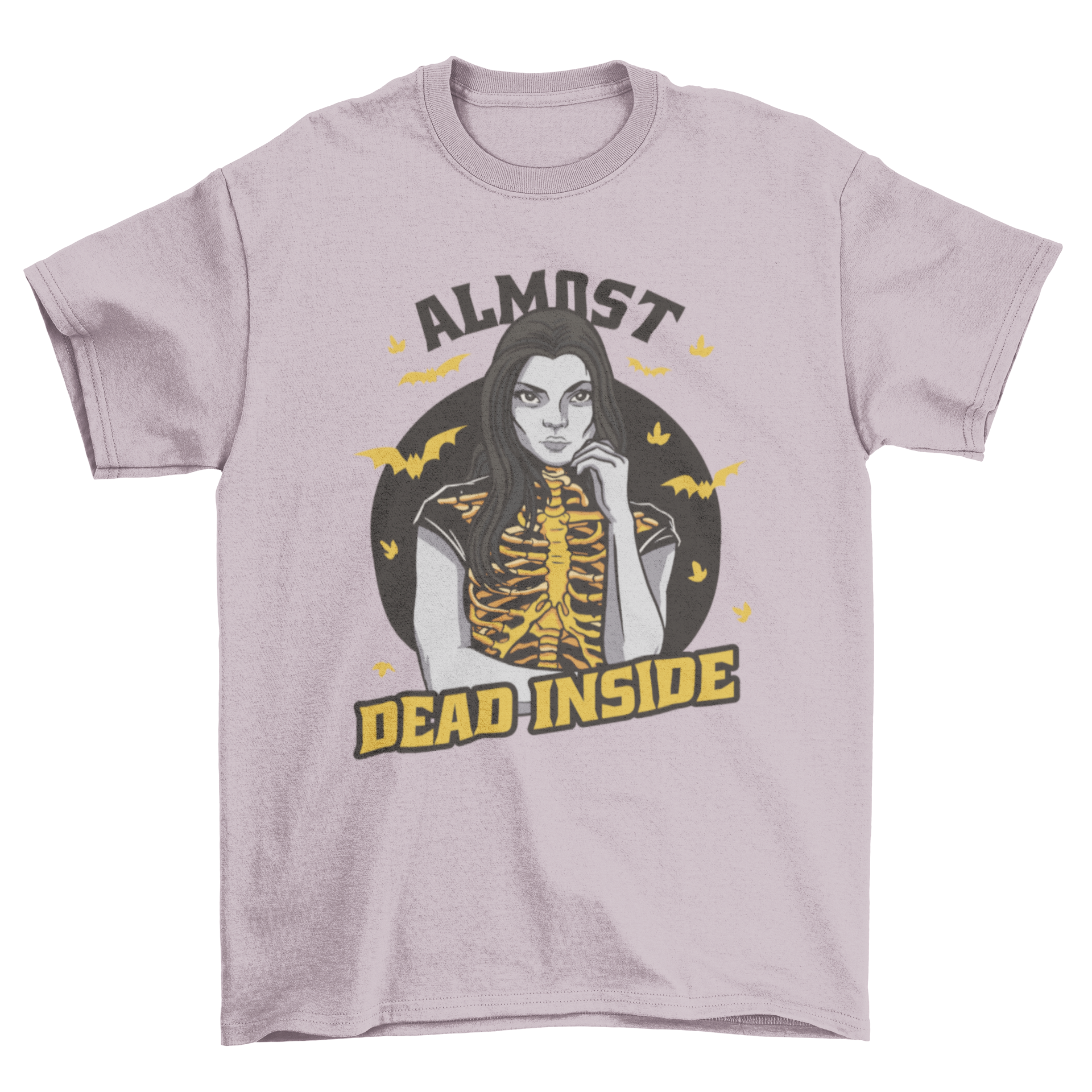 Spooky t-shirt featuring a skeleton woman surrounded by bats with the quote 'Almost dead inside'.