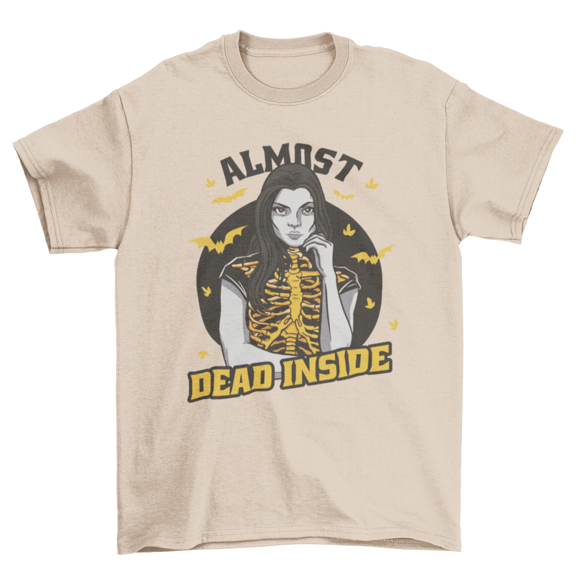 Spooky t-shirt featuring a skeleton woman surrounded by bats with the quote 'Almost dead inside'.