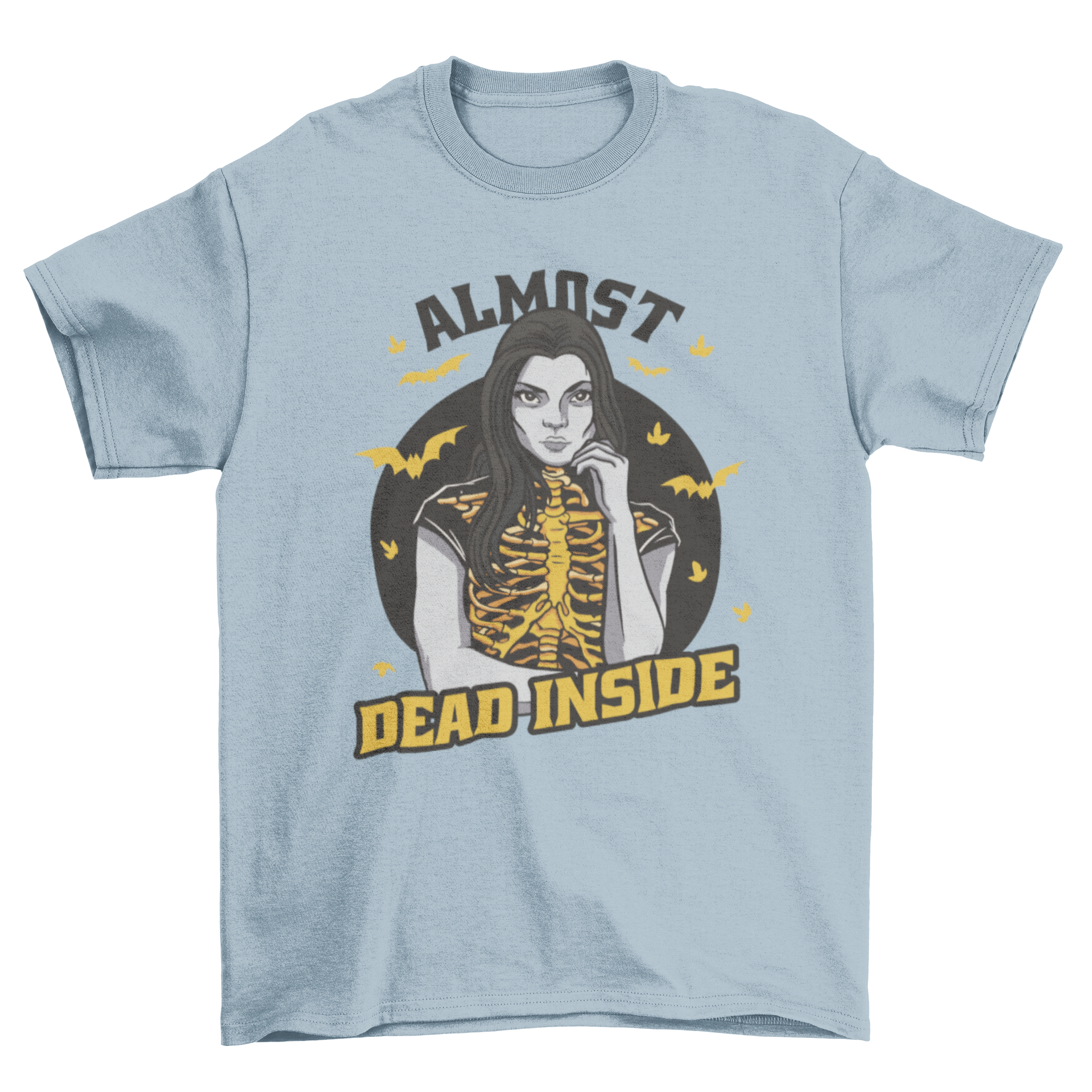 Spooky t-shirt featuring a skeleton woman surrounded by bats with the quote 'Almost dead inside'.