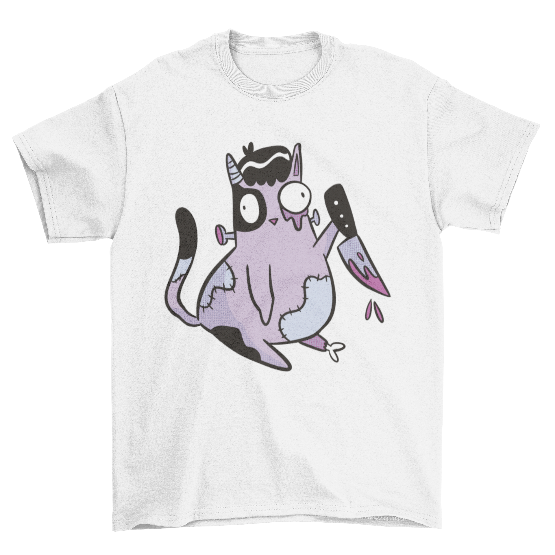 A spooky zombie cat t-shirt design featuring a cartoon cat holding a knife, perfect for Halloween.