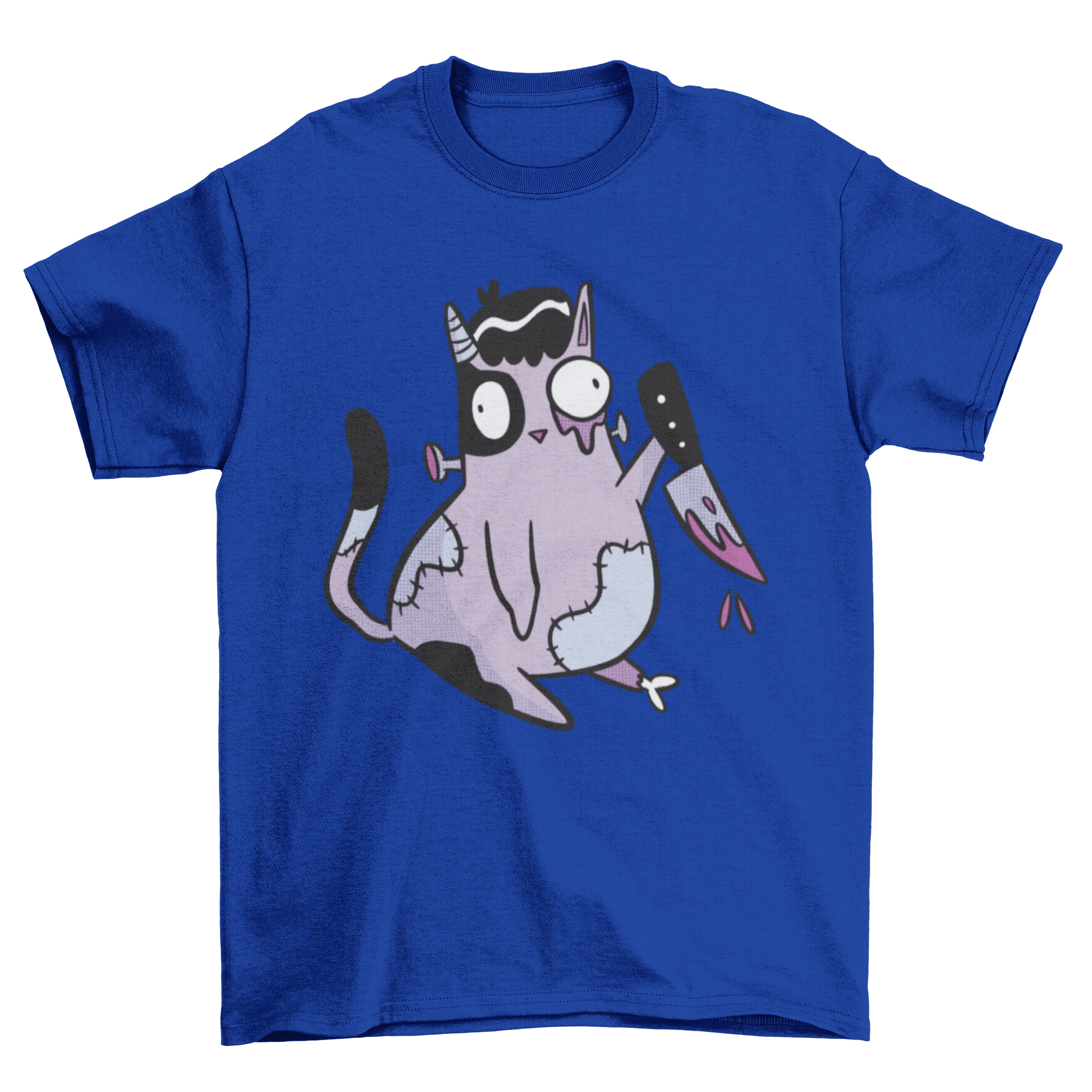 A spooky zombie cat t-shirt design featuring a cartoon cat holding a knife, perfect for Halloween.