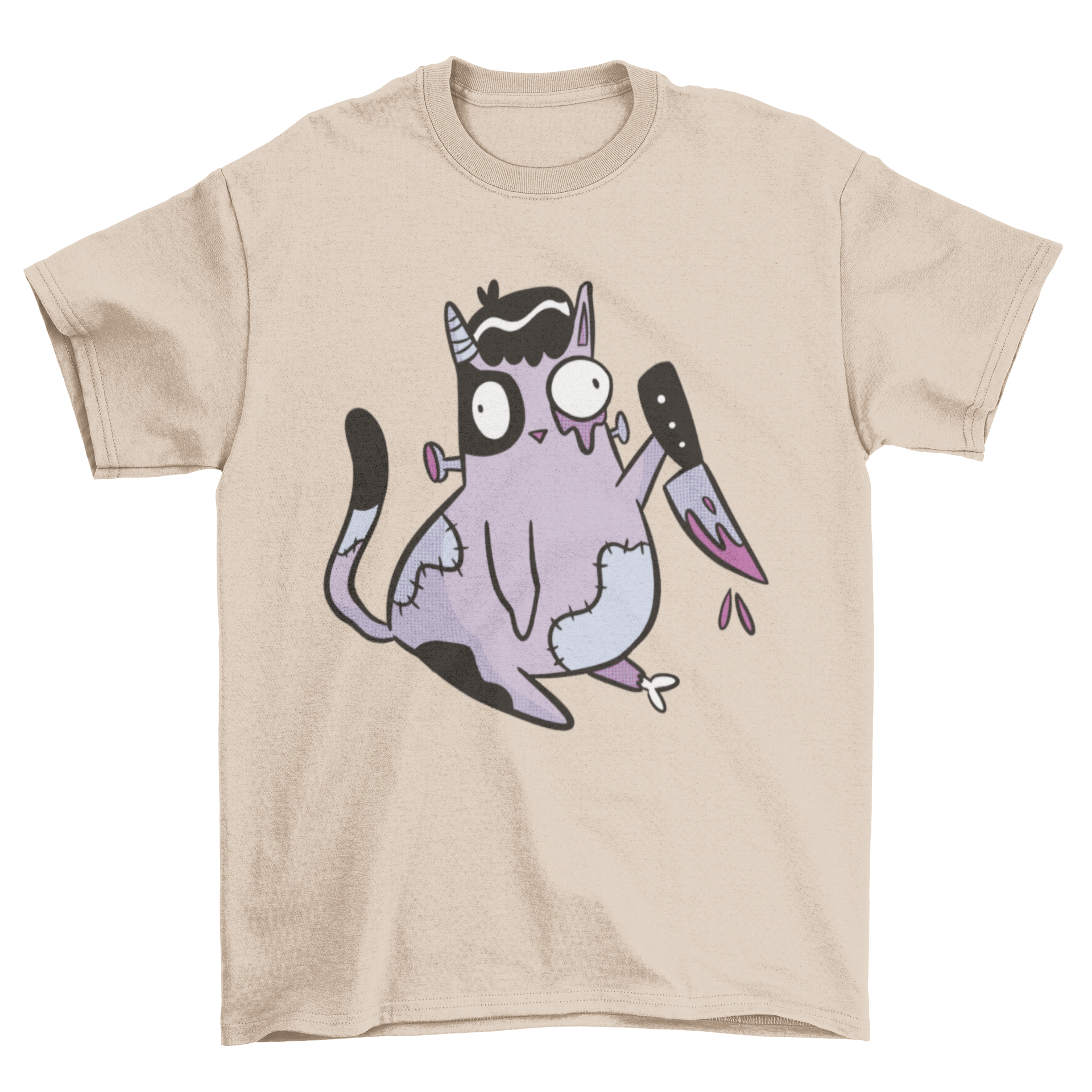 A spooky zombie cat t-shirt design featuring a cartoon cat holding a knife, perfect for Halloween.