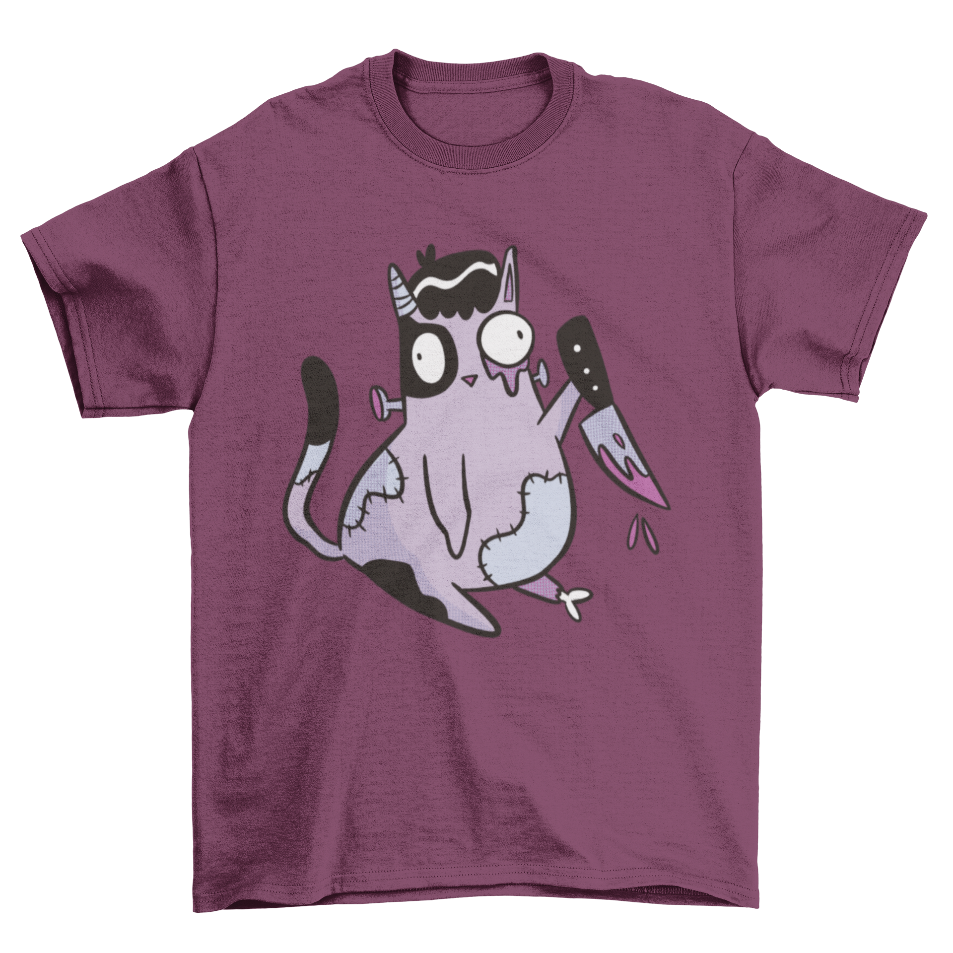 A spooky zombie cat t-shirt design featuring a cartoon cat holding a knife, perfect for Halloween.