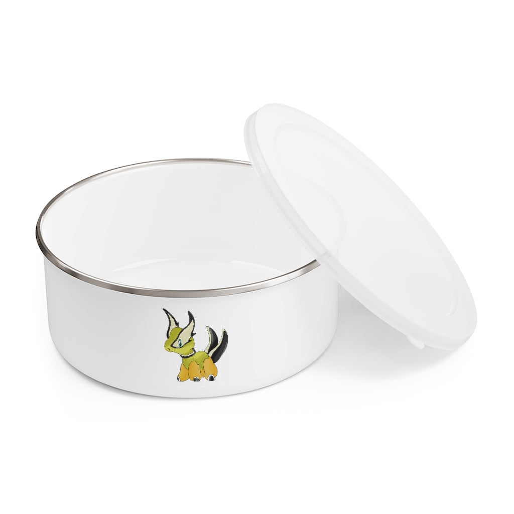 Spore Enamel Bowl featuring a stylish design, translucent lid, and anti-slip backing, available in three sizes.