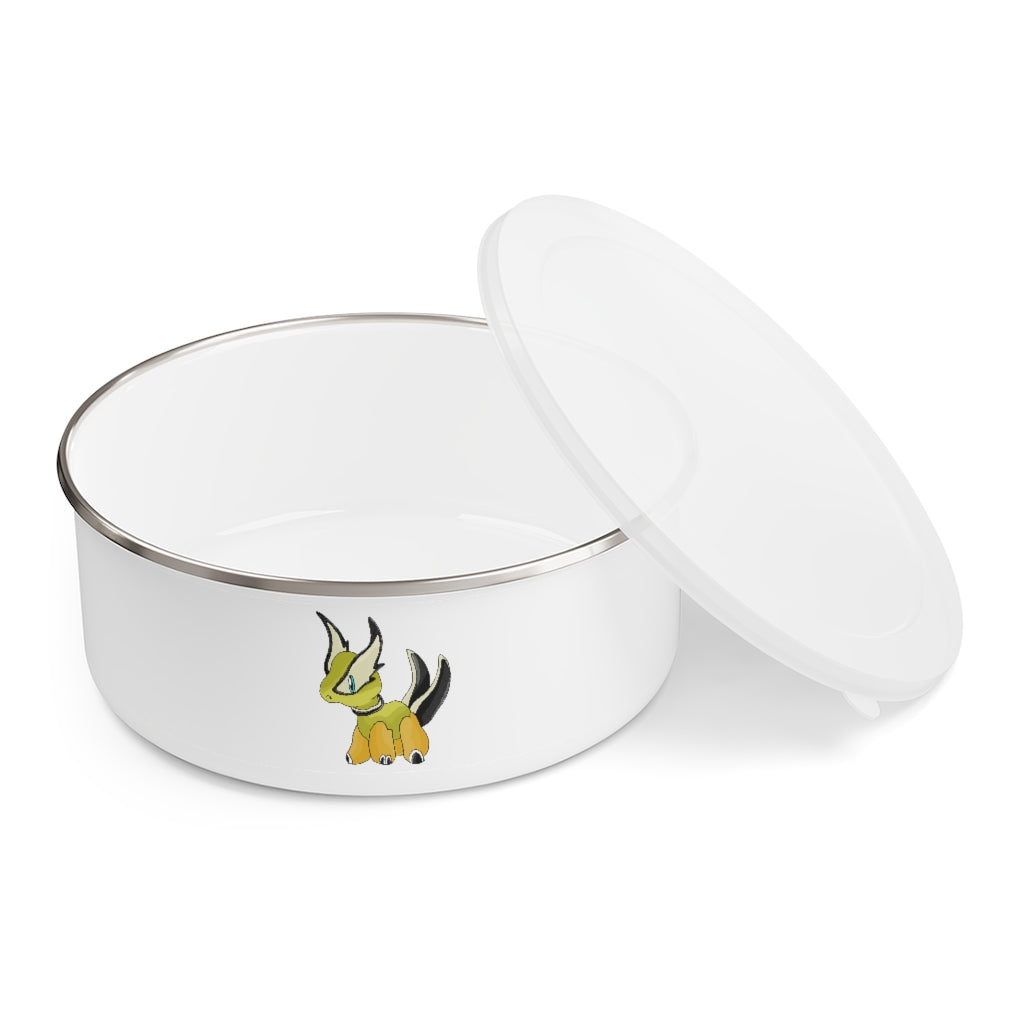 Spore Enamel Bowl featuring a stylish design, translucent lid, and anti-slip backing, available in three sizes.