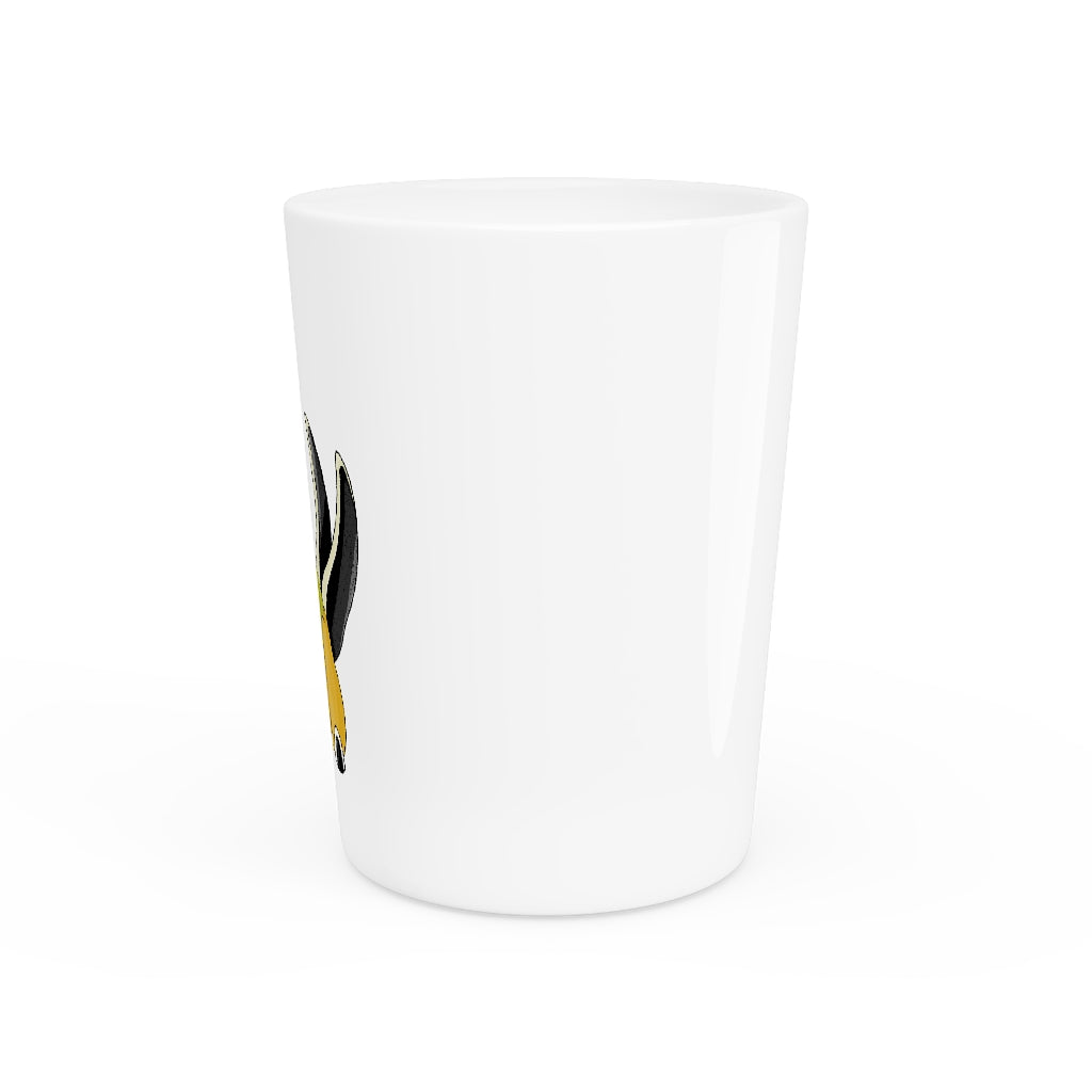 Personalized Spore Shot Glass with white ceramic exterior and customizable black or white interior, ideal for gatherings and events.