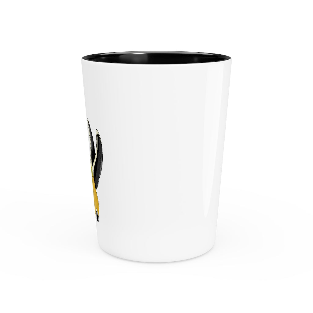 Personalized Spore Shot Glass with white ceramic exterior and customizable black or white interior, ideal for gatherings and events.