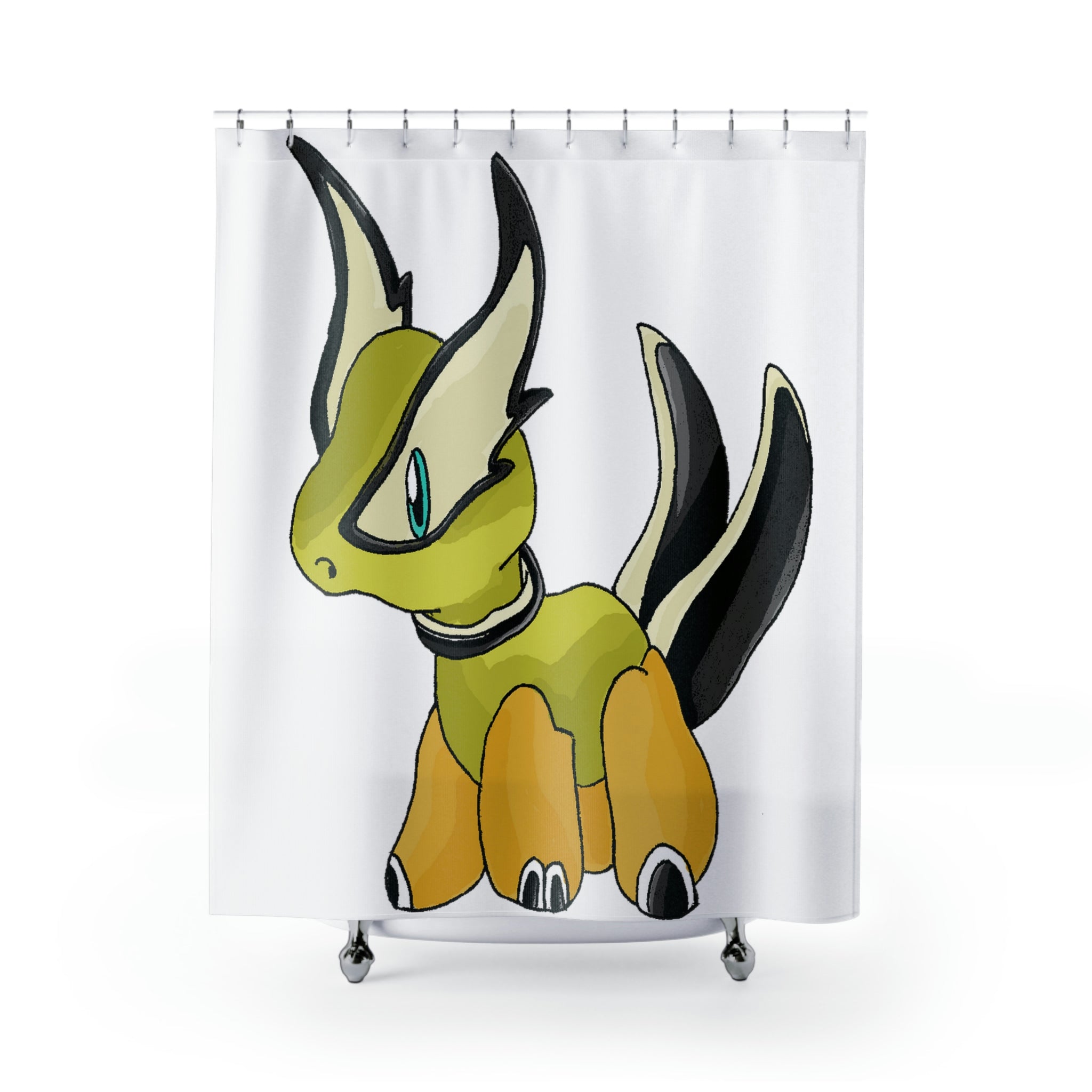 A vibrant Spore Shower Curtain featuring unique designs, made from durable polyester, ideal for bathroom decor.