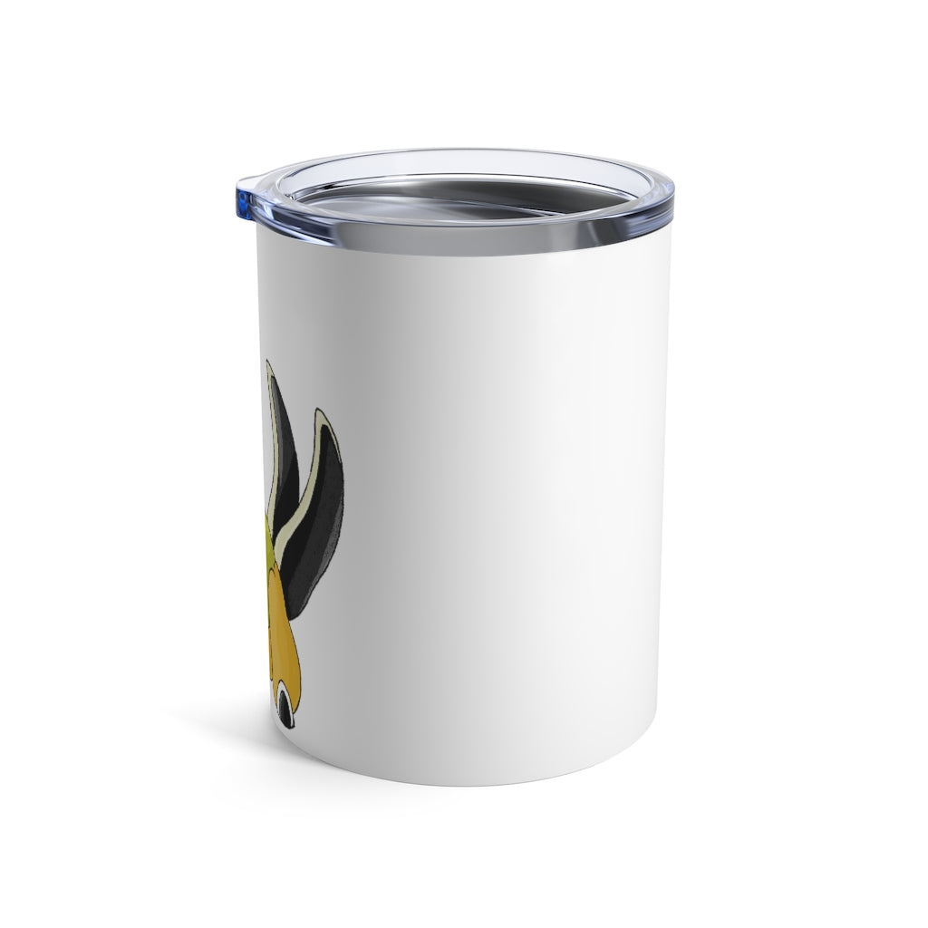 Spore Tumbler 10oz in stainless steel with a see-thru plastic lid, showcasing its sleek design and rounded corners.