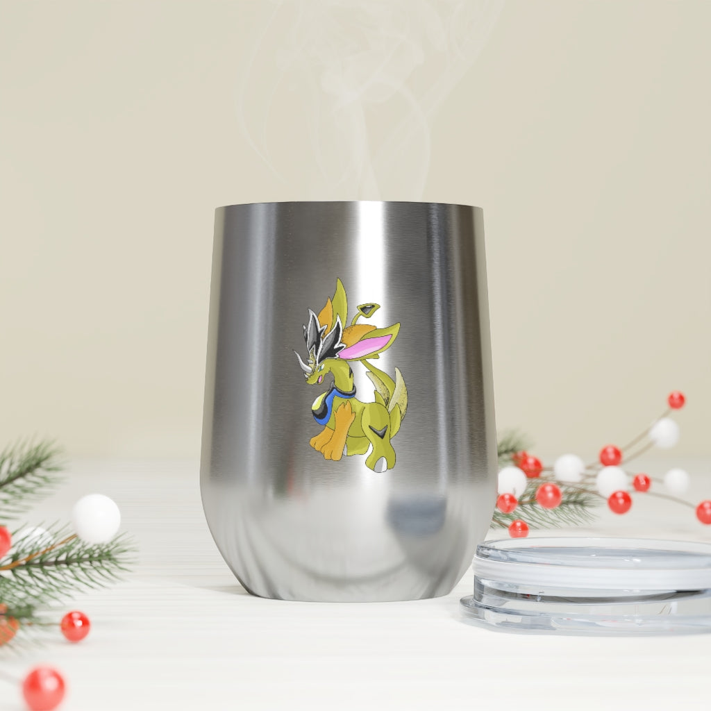 Sporecheila 12oz Insulated Wine Tumbler with clear lid, showcasing a stylish design and stainless steel finish.