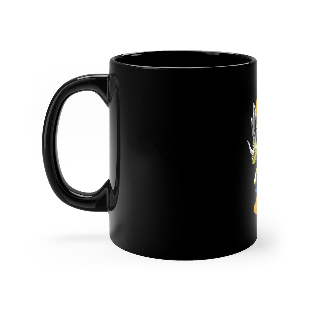 Sporecheila Black Mug 11oz with rounded corners and C-handle, showcasing full-wrap decoration.