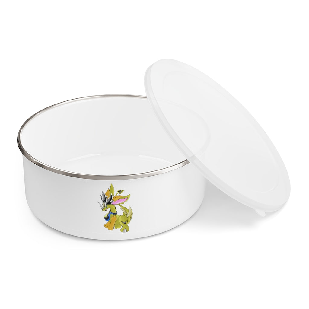 Sporecheila Enamel Bowl featuring a stylish design, translucent lid, and anti-slip backing, available in three sizes.