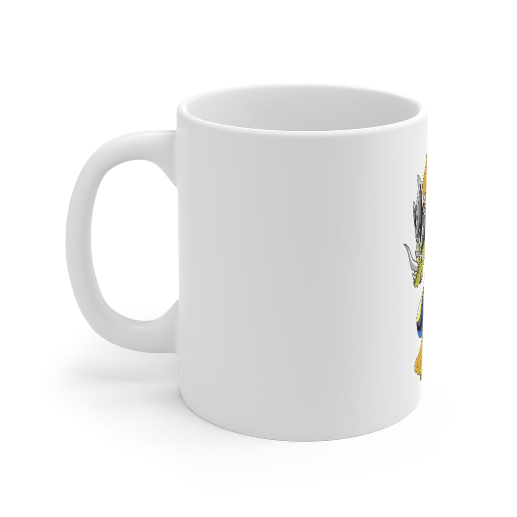 Sporecheila Mug 11oz, white ceramic with rounded corners and C-handle, perfect for coffee and tea.