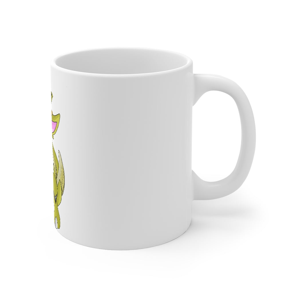 Sporecheila Mug 11oz, white ceramic with rounded corners and C-handle, perfect for coffee and tea.