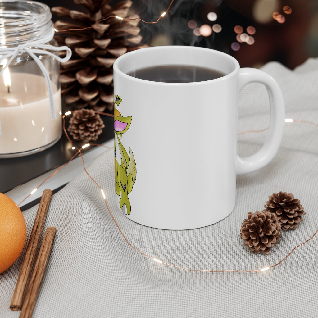 Sporecheila Mug 11oz, white ceramic with rounded corners and C-handle, perfect for coffee and tea.