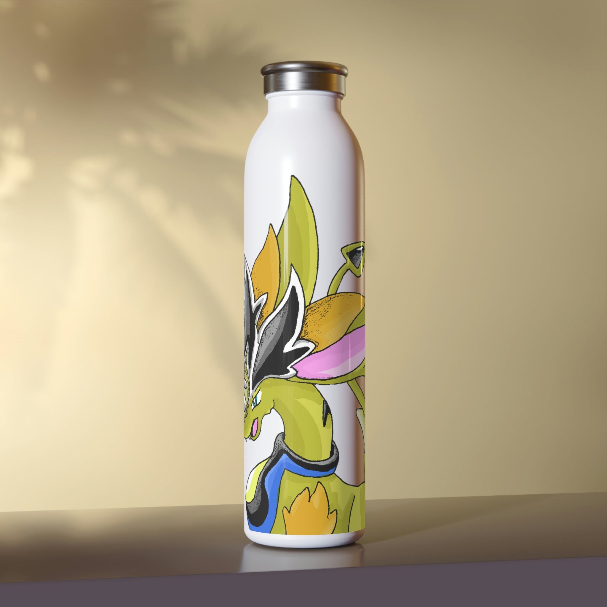 Sporecheila Slim Water Bottle in matte finish with a stylish lid, showcasing customizable designs.