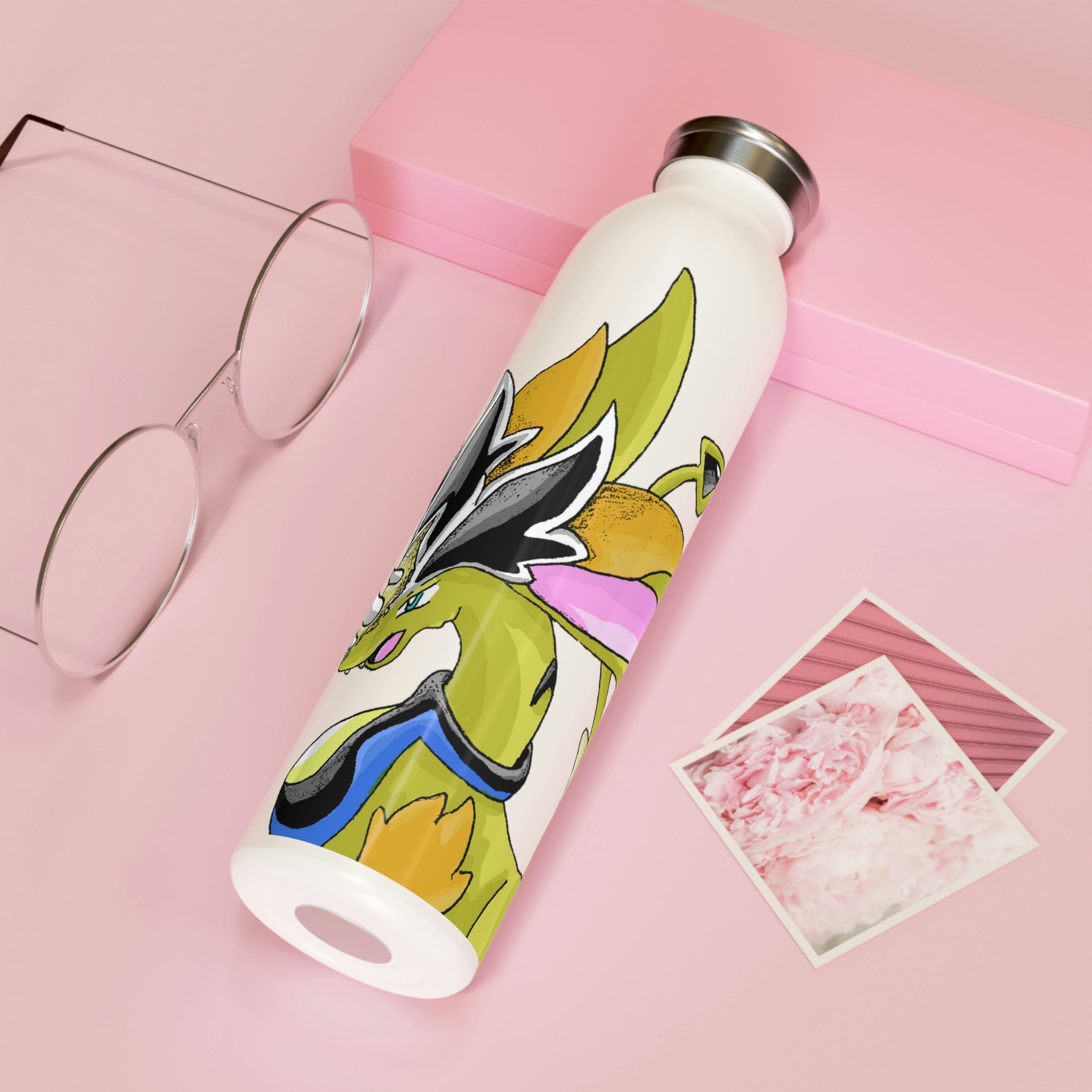 Sporecheila Slim Water Bottle in matte finish with a stylish lid, showcasing customizable designs.