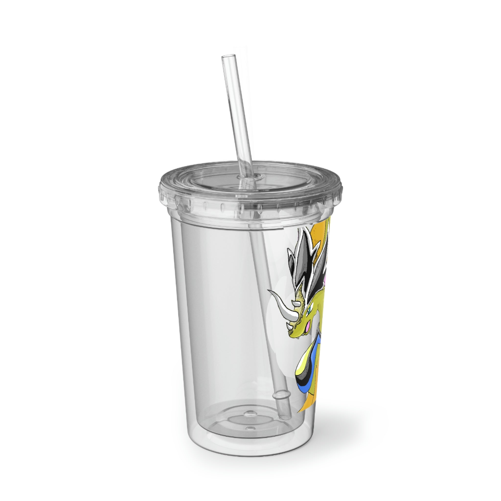 Sporecheila Suave Acrylic Cup in stainless steel with a black screw-on cap and plastic straw, showcasing a customizable design.