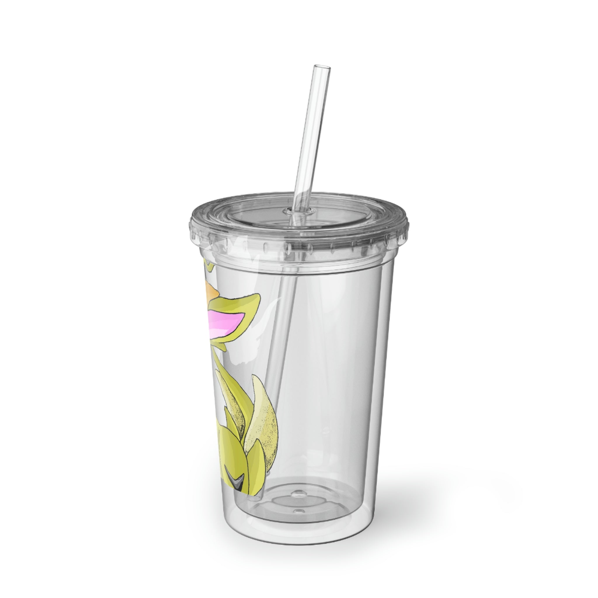 Sporecheila Suave Acrylic Cup in stainless steel with a black screw-on cap and plastic straw, showcasing a customizable design.