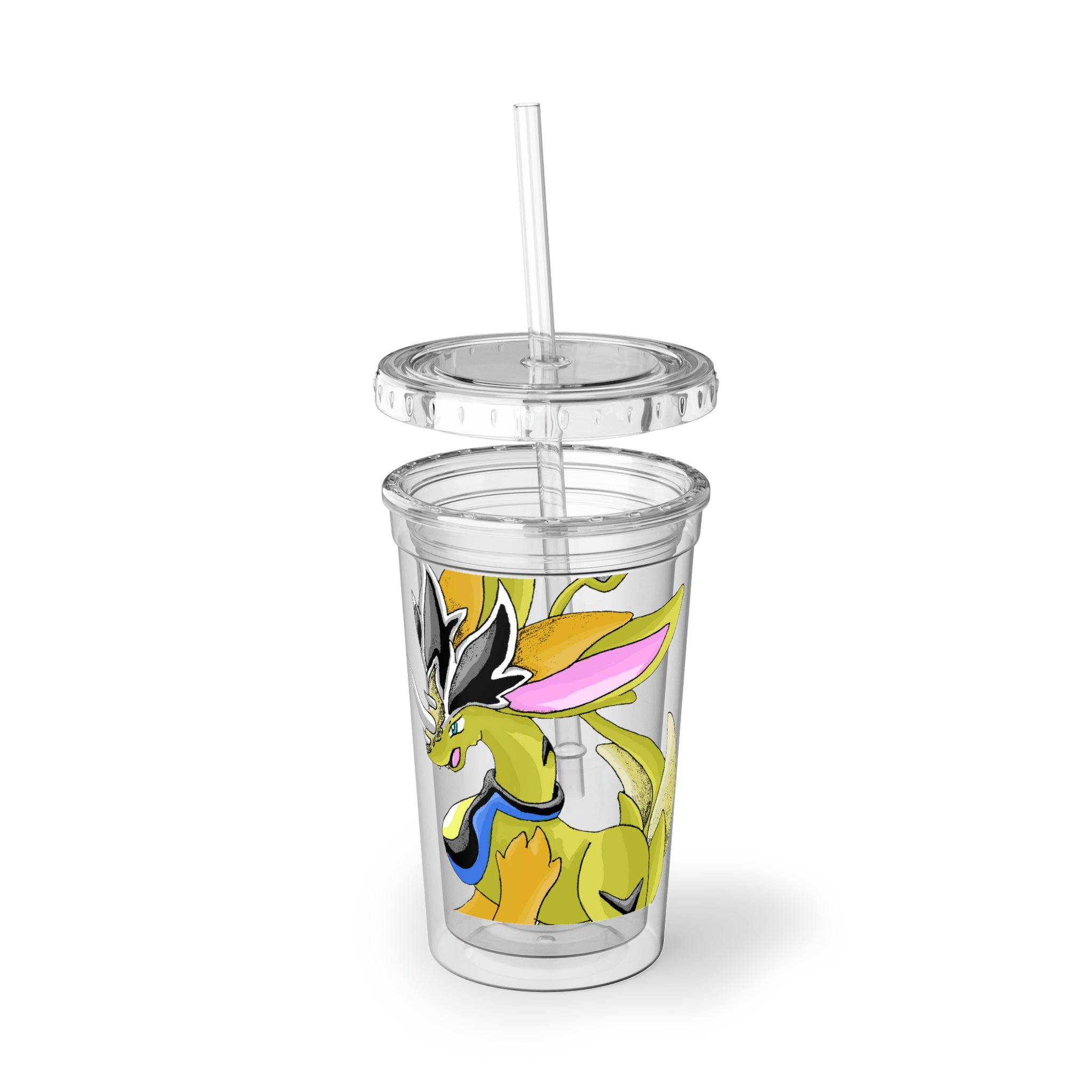 Sporecheila Suave Acrylic Cup in stainless steel with a black screw-on cap and plastic straw, showcasing a customizable design.