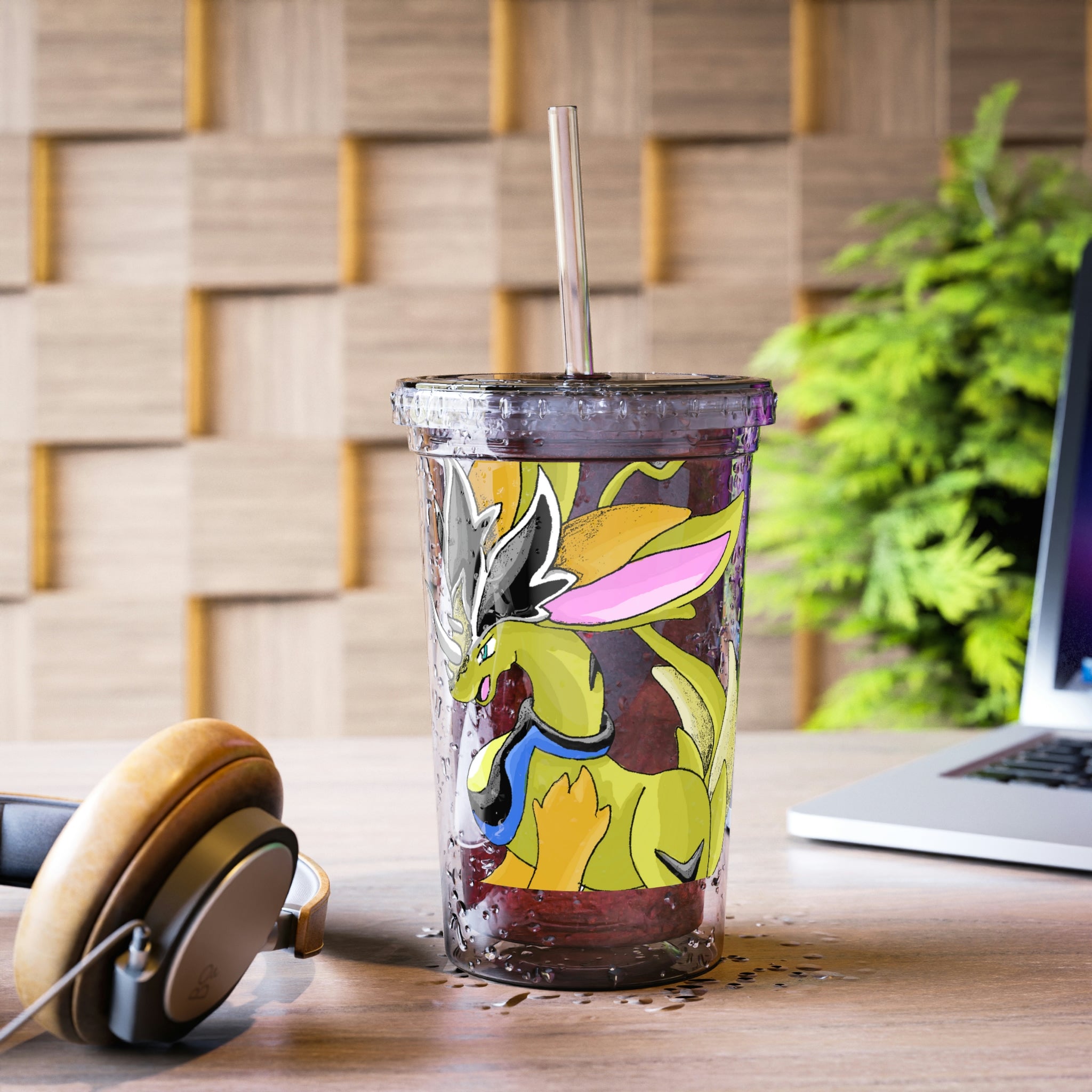 Sporecheila Suave Acrylic Cup in stainless steel with a black screw-on cap and plastic straw, showcasing a customizable design.