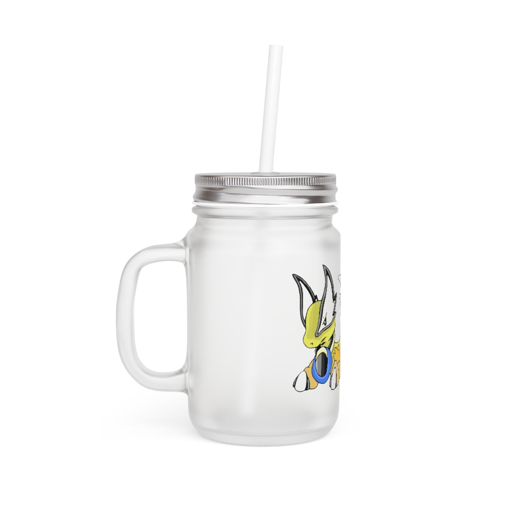 A personalized Sporela Mason Jar made of frosted glass, featuring a straw and lid, perfect for drinks.