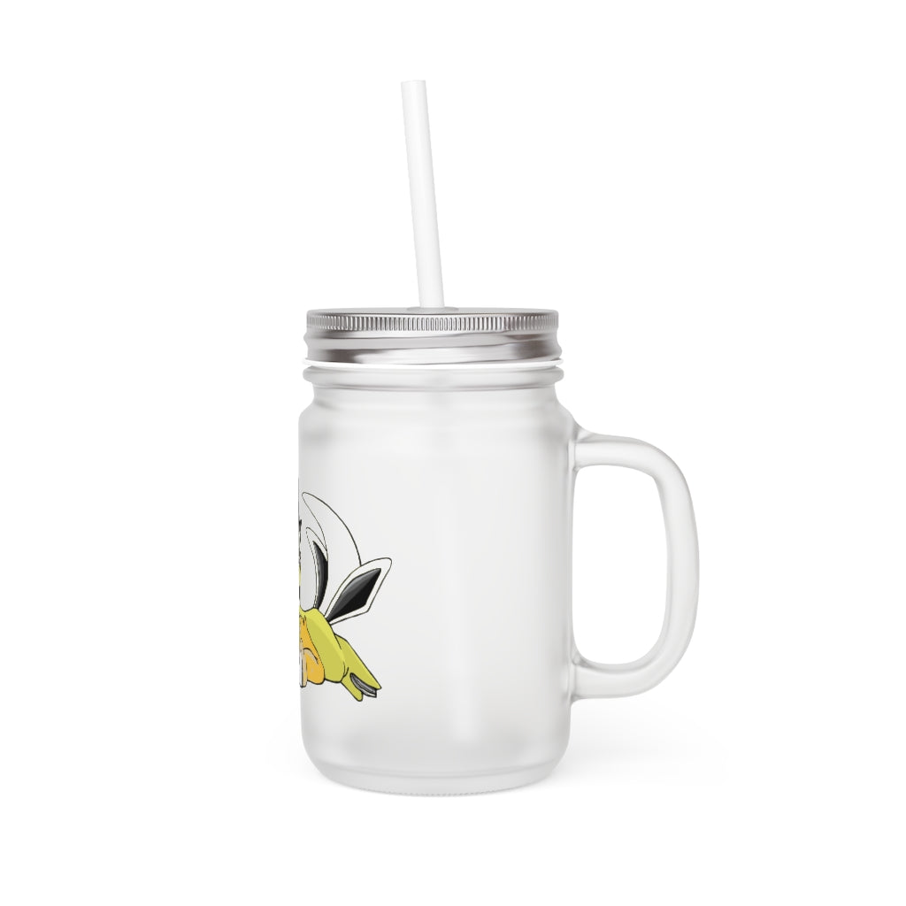 A personalized Sporela Mason Jar made of frosted glass, featuring a straw and lid, perfect for drinks.