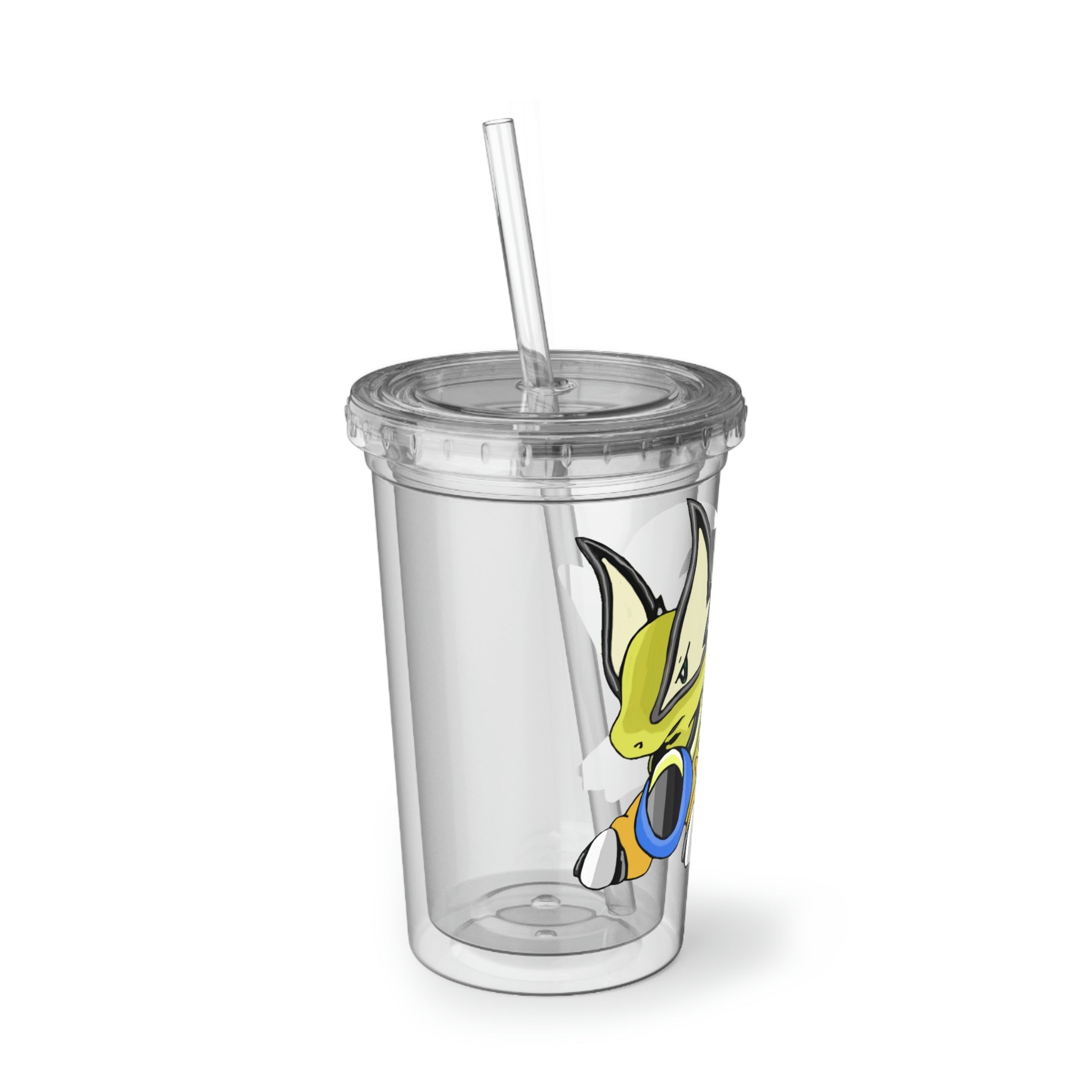 Sporela Suave Acrylic Cup in stainless steel with a black plastic screw-on cap and a straw, showcasing a customizable design.