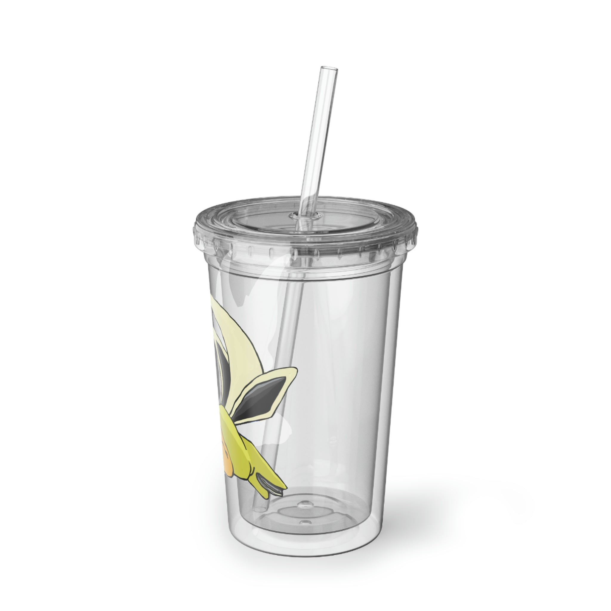 Sporela Suave Acrylic Cup in stainless steel with a black plastic screw-on cap and a straw, showcasing a customizable design.