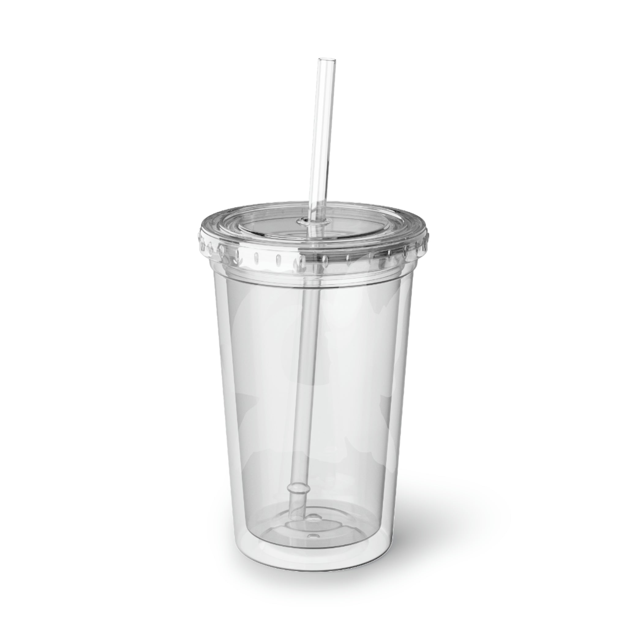 Sporela Suave Acrylic Cup in stainless steel with a black plastic screw-on cap and a straw, showcasing a customizable design.