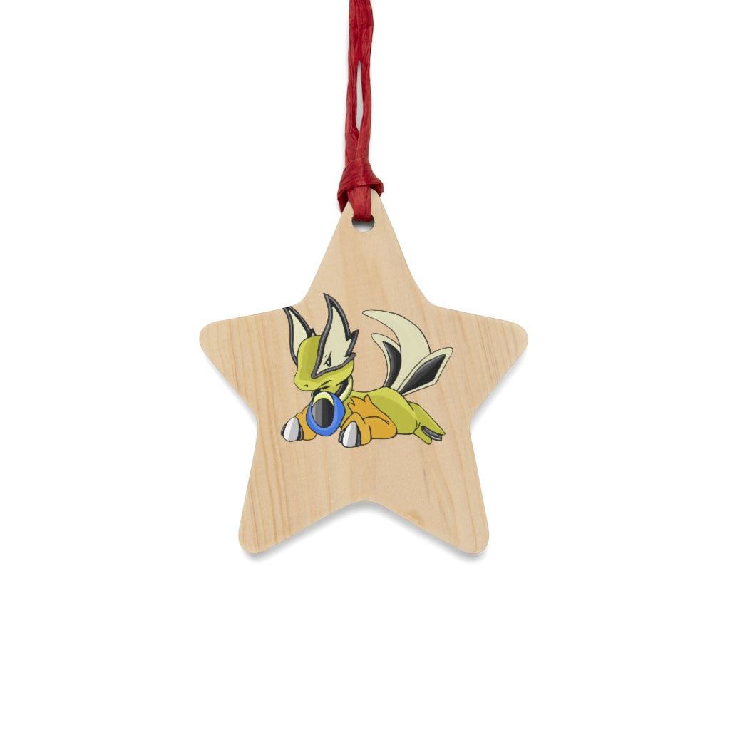 Sporela Wooden Christmas Ornaments in various whimsical shapes with red ribbons, showcasing rustic wooden design.