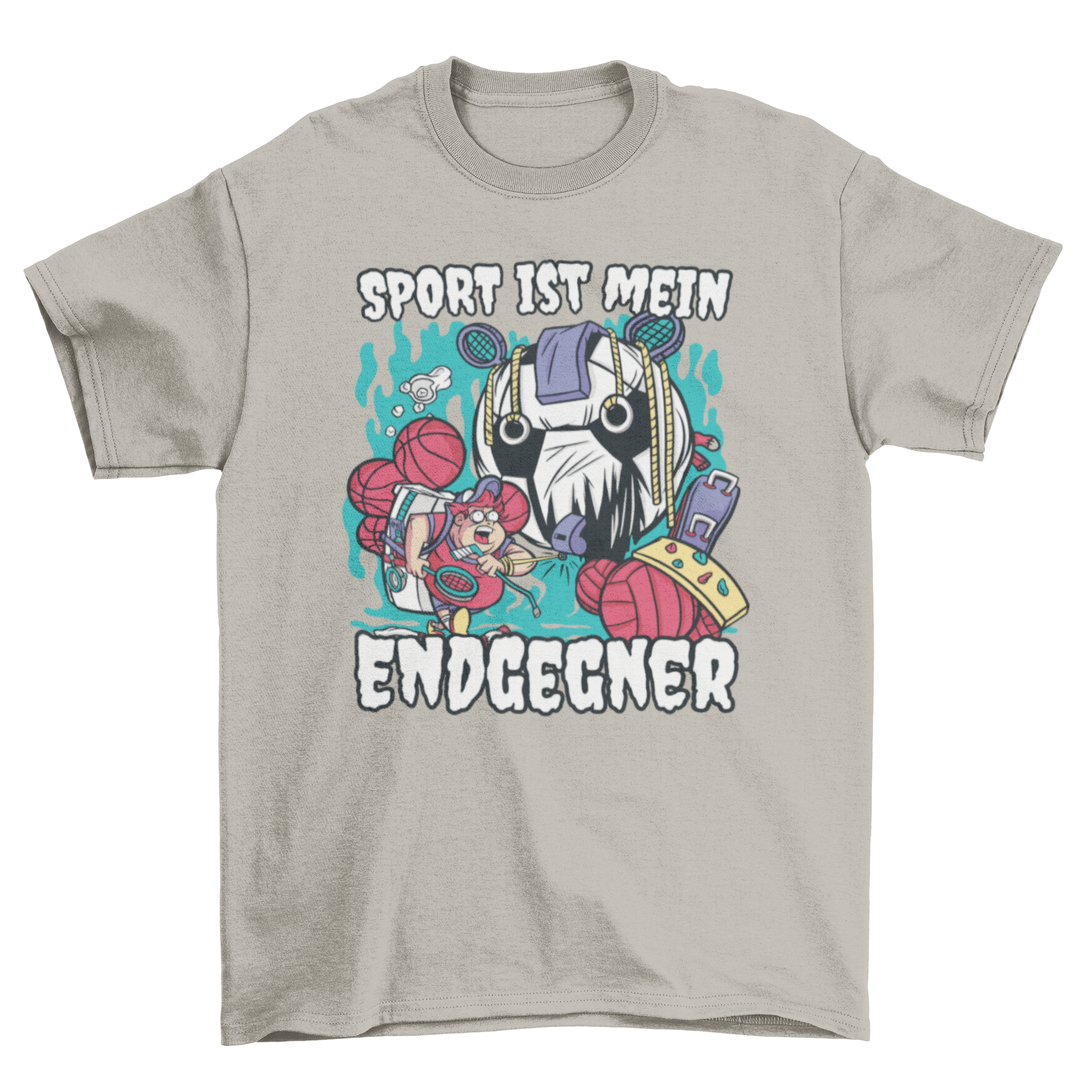 Sport Monster and Student T-Shirt featuring a colorful monster with sports items and a motivational German quote.