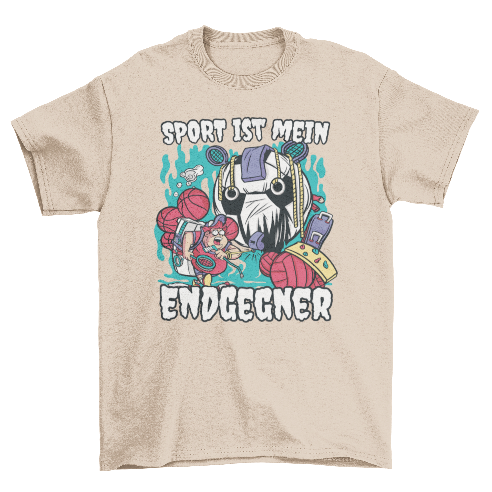 Sport Monster and Student T-Shirt featuring a colorful monster with sports items and a motivational German quote.