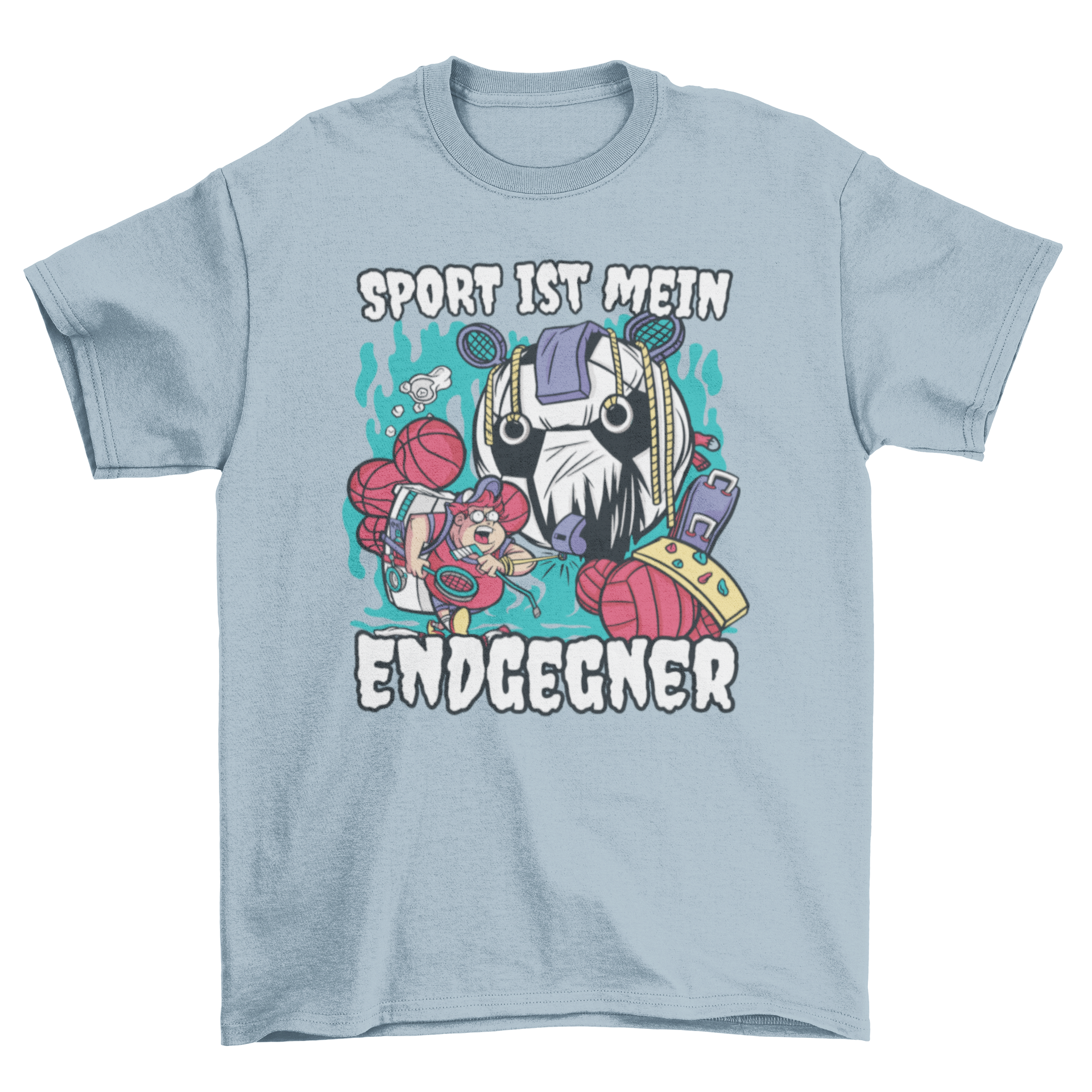 Sport Monster and Student T-Shirt featuring a colorful monster with sports items and a motivational German quote.