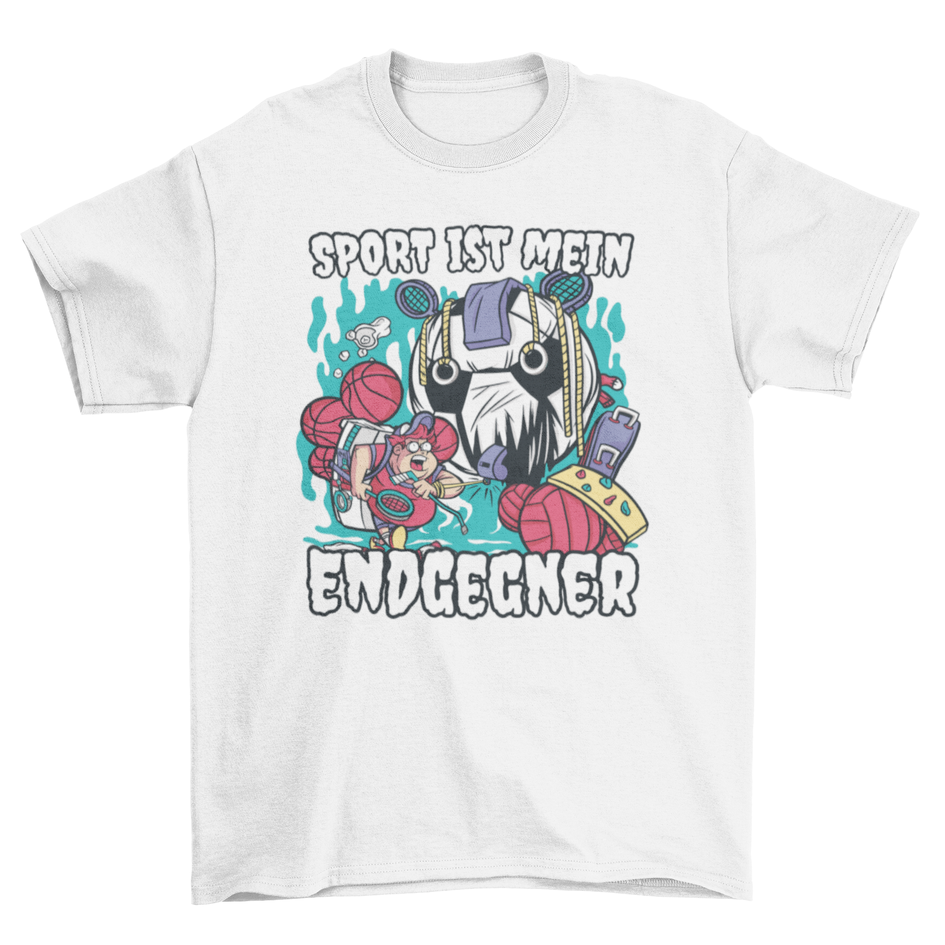 Sport Monster and Student T-Shirt featuring a colorful monster with sports items and a motivational German quote.