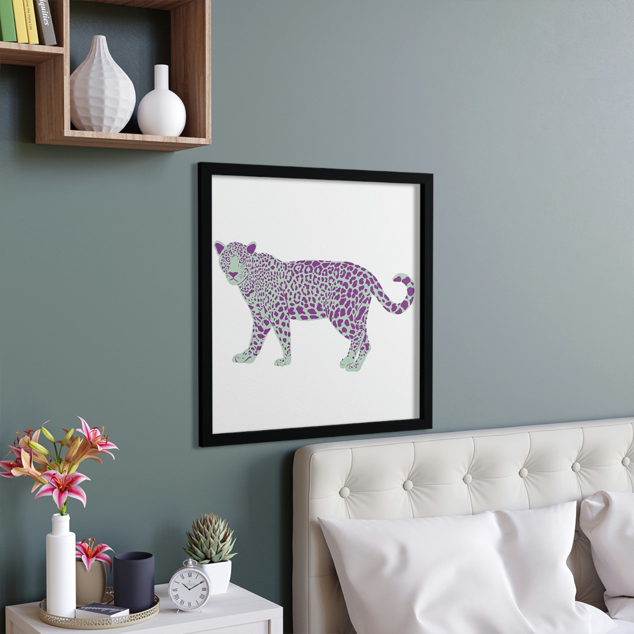 A beautifully framed Spotted Leopard poster showcasing vibrant colors and intricate details, perfect for home decor.