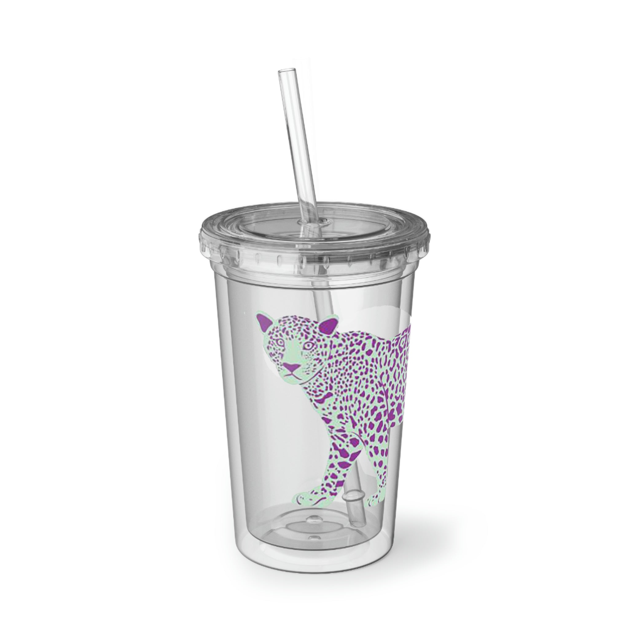 Spotted Leopard Suave Acrylic Cup with a stylish leopard print design, featuring a stainless steel body and a plastic straw.