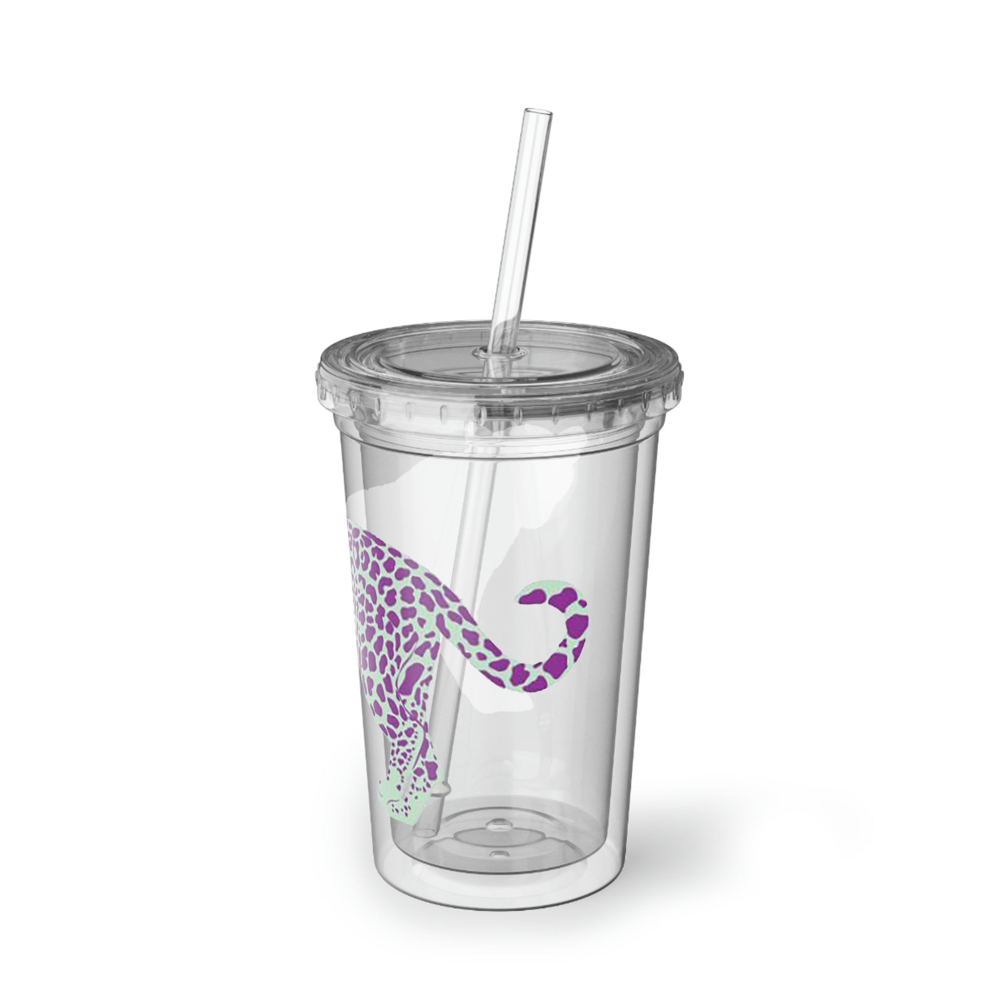 Spotted Leopard Suave Acrylic Cup with a stylish leopard print design, featuring a stainless steel body and a plastic straw.