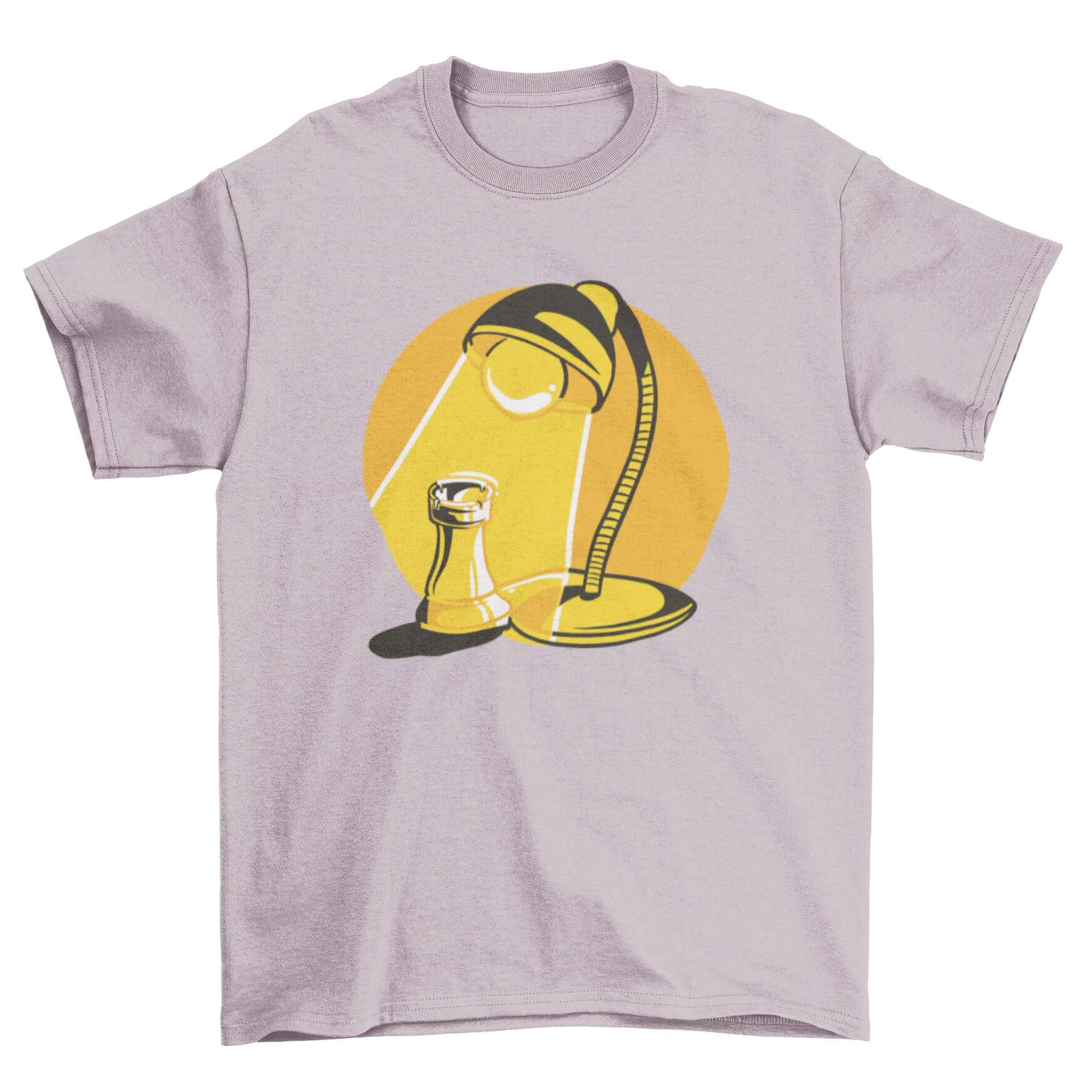 Spotlight Rook T-shirt featuring a chess rook illuminated by a lamp, showcasing a unique and artistic design.