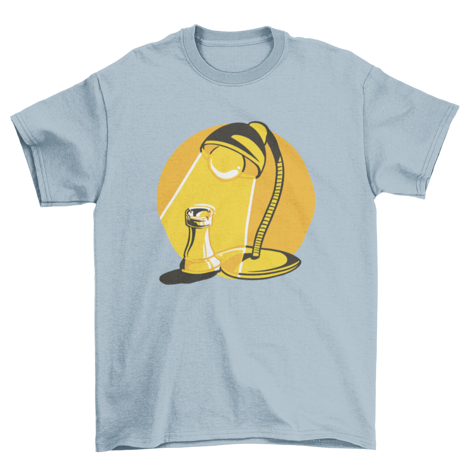 Spotlight Rook T-shirt featuring a chess rook illuminated by a lamp, showcasing a unique and artistic design.