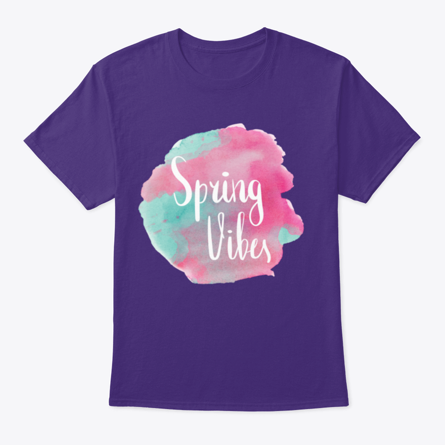 A stylish Spring Vibes T-shirt featuring watercolor pink lettering design, made from 100% cotton, showcasing a classic fit.